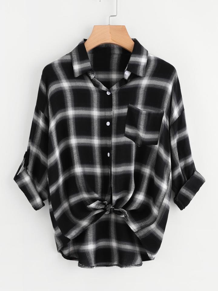 Shein Drop Shoulder Roll Tab Sleeve Plaid Shirt
