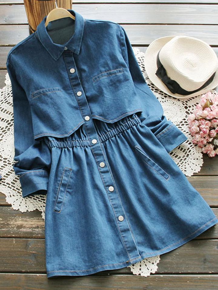 Shein Elastic Waist Layered Denim Shirt Dress