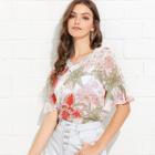 Shein Flounce Sleeve Floral Lace Neck Blouse