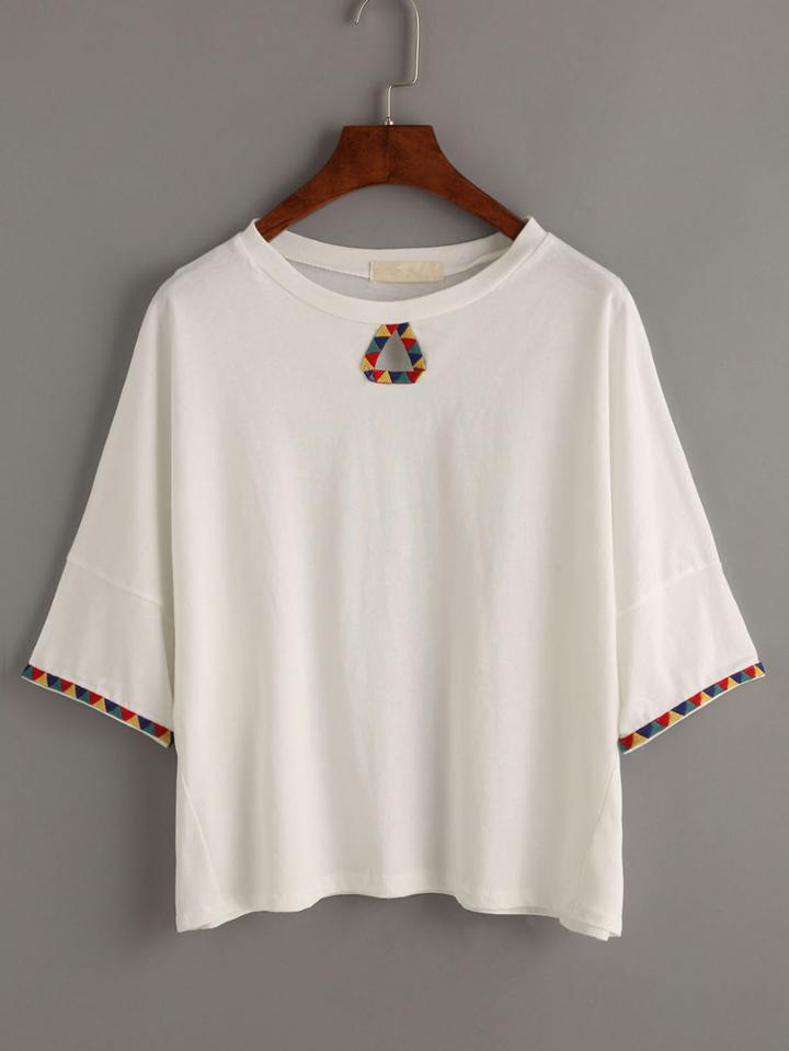 Shein White Keyhole Woven Tape Trimmed T-shirt