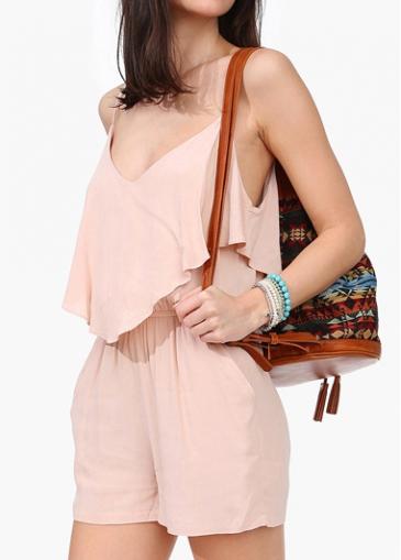 Rosewe Open Back Elastic Waist Pink Romper
