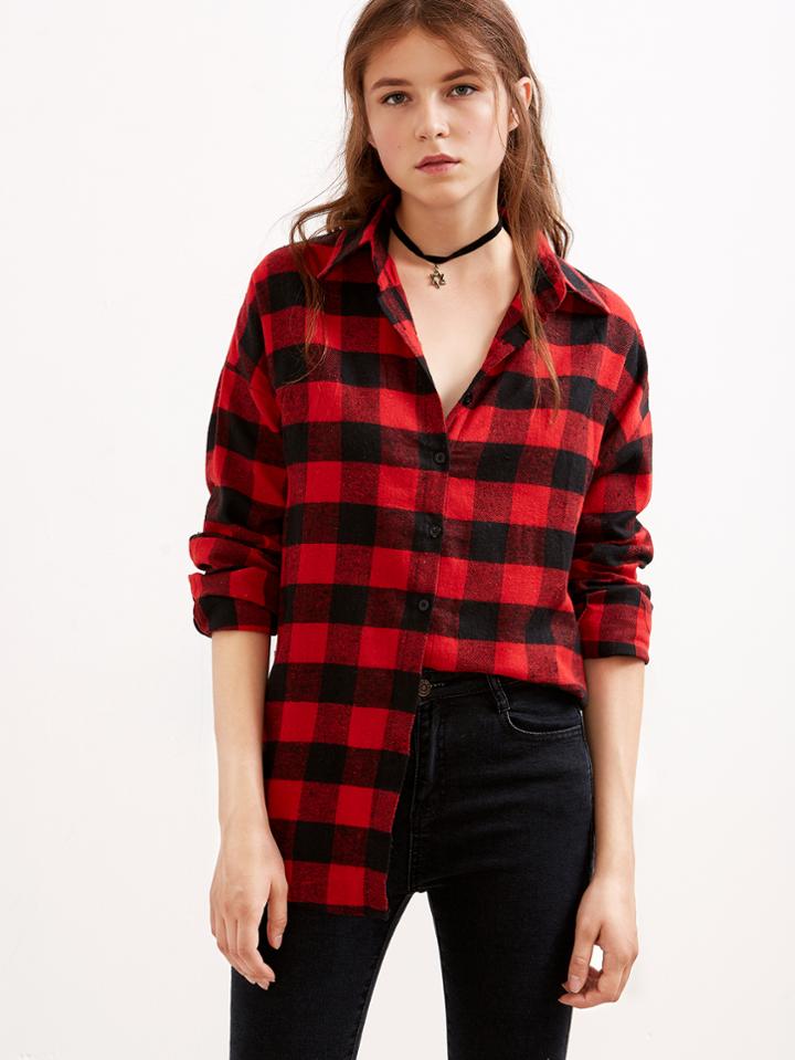 Shein Red Black Plaid Dip Hem Shirt