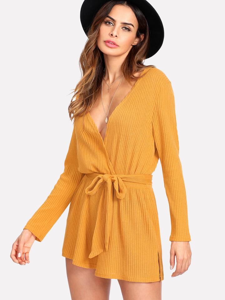 Shein V Neckline Self Tie Waist Ribbed Romper