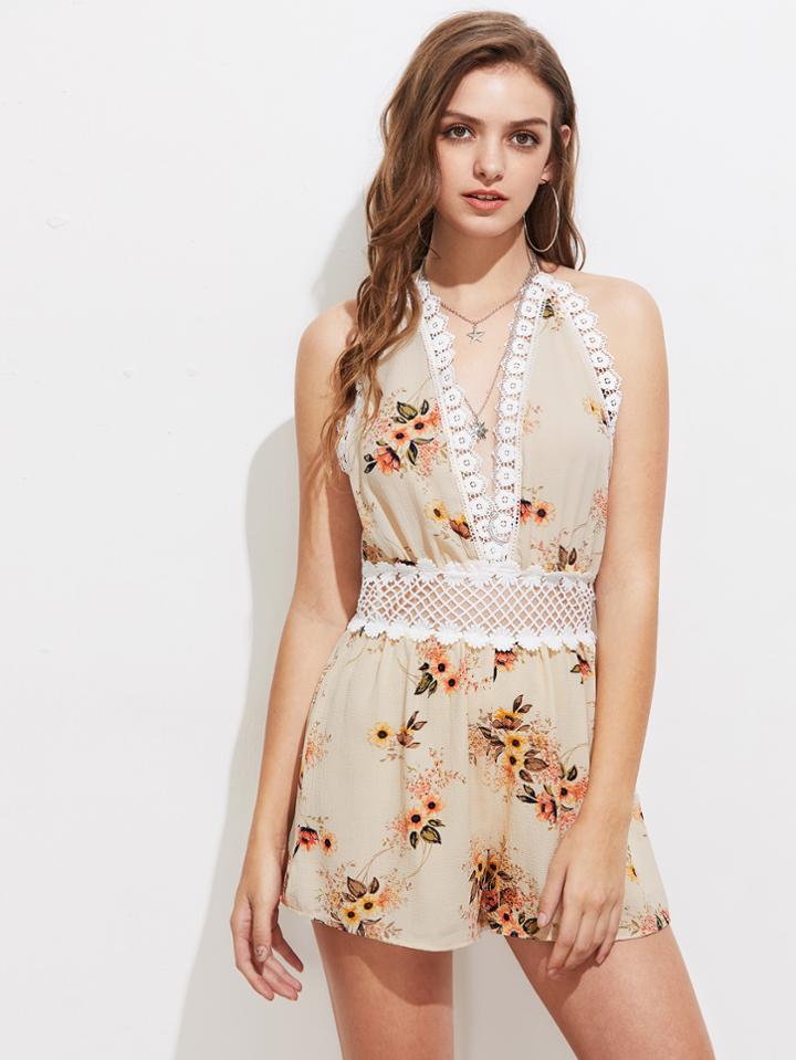 Shein Plunging V-neckline Crochet Trim Playsuit