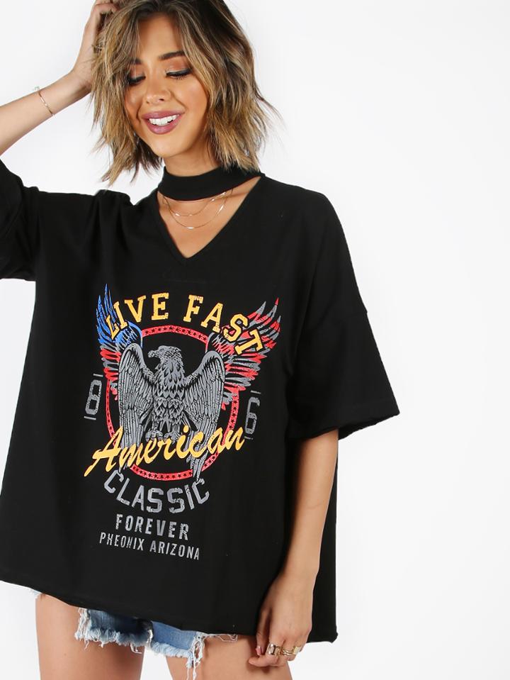 Shein Choker V-neck Drop Shoulder Print Tee