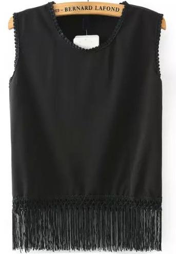 Shein Black Sleeveless Peplum Trims Tassel Tank Top