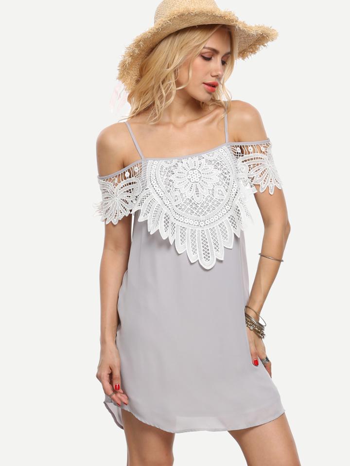 Shein Grey Crochet Layered Cold Shoulder Slip Dress