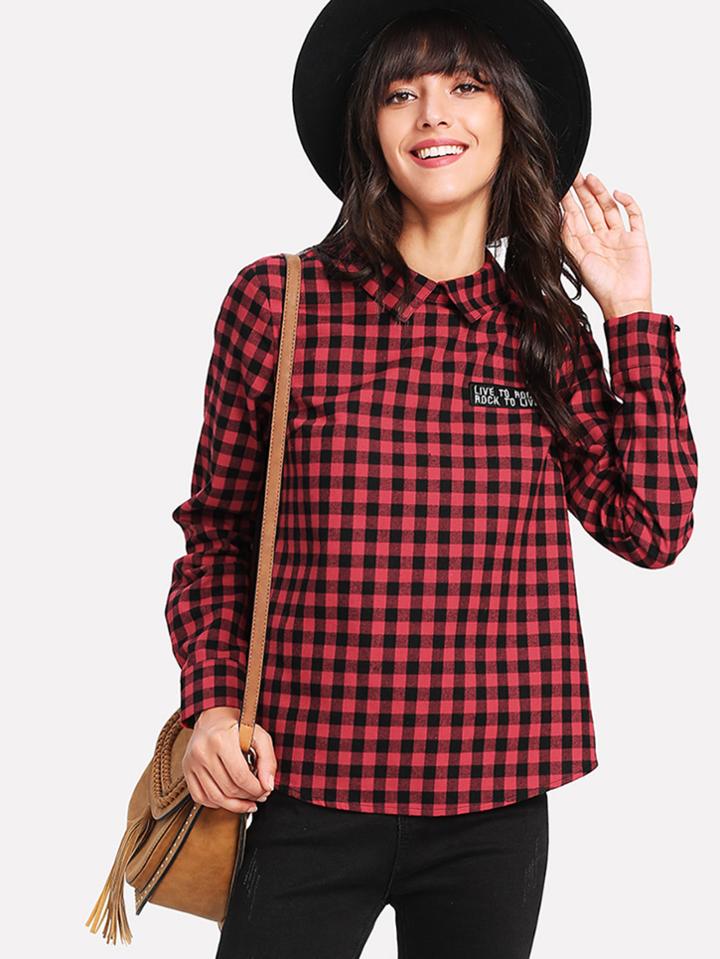 Shein Button Detail Curved Hem Tartan Blouse