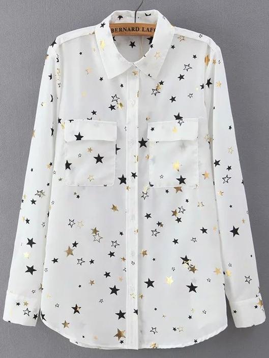 Shein Stars Print White Blouse With Pockets