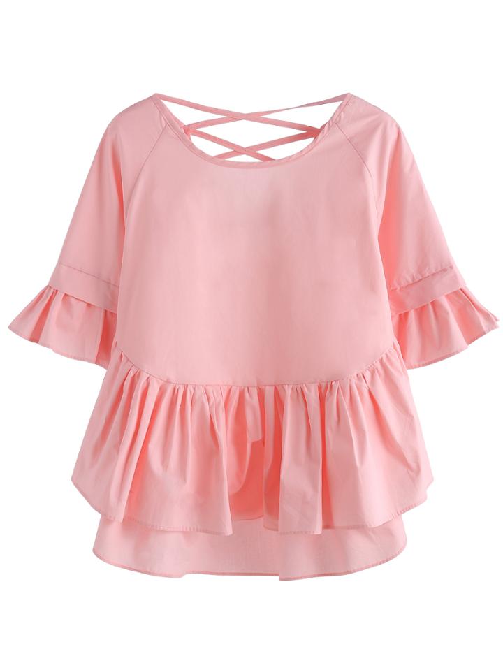 Shein Pink Crisscross Back Ruffle Top