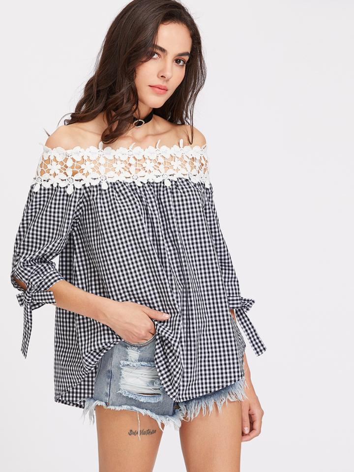 Shein Floral Crochet Neckline Self Tie Sleeve Gingham Top