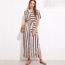 Shein Contrast Striped Knot Side Shirt Dress