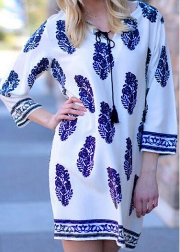 Rosewe White Three Quarter Sleeve Printed Shift Dress