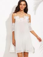 Shein White Cold Shoulder Appliques Pleated Shift Dress