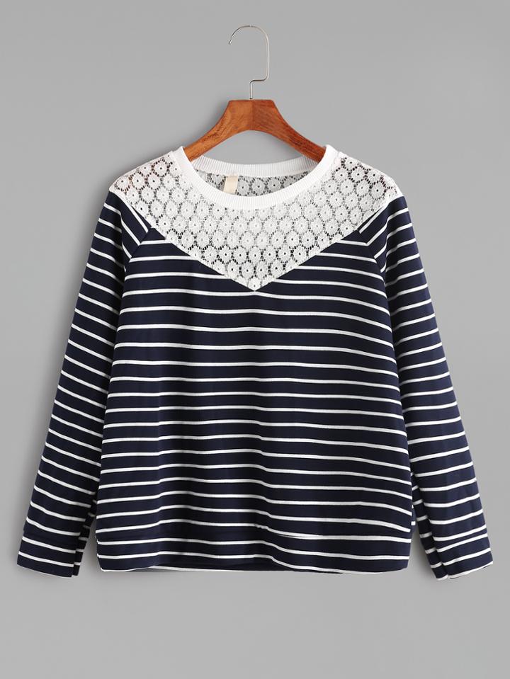 Shein Contrast Embroidered Lace Striped Sweatshirt