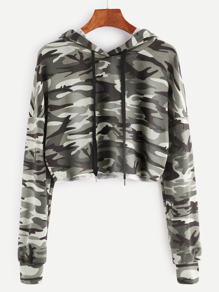 Shein Olive Green Camo Print Crop Hoodie