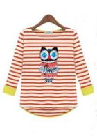Rosewe Adorable Owl Decoration Red High Low Striped T Shirts