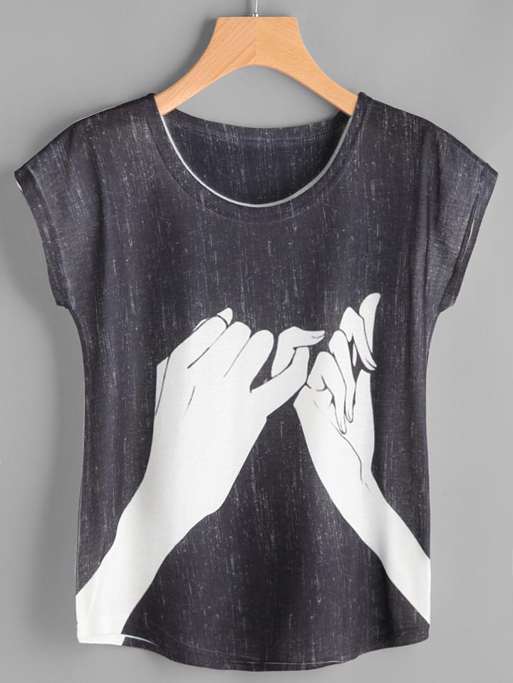 Shein Cap Sleeve Hand Print Tee