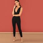 Shein Pleated V-neck Solid Jumpsuit