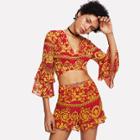 Shein Cross Wrap Top And Ruffle Shorts Set