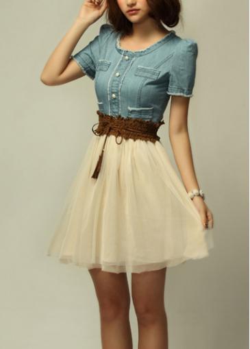 Rosewe Denim And Gauze Splicing Short Sleeve Flare Dress