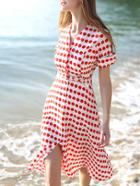 Shein Red White V Neck Short Sleeve Polka Dot Drawstring Dress