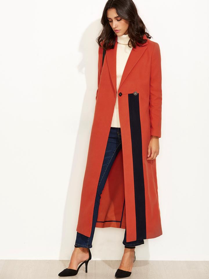 Shein Orange Contrast Panel Slit Back Hidden Button Duster Coat