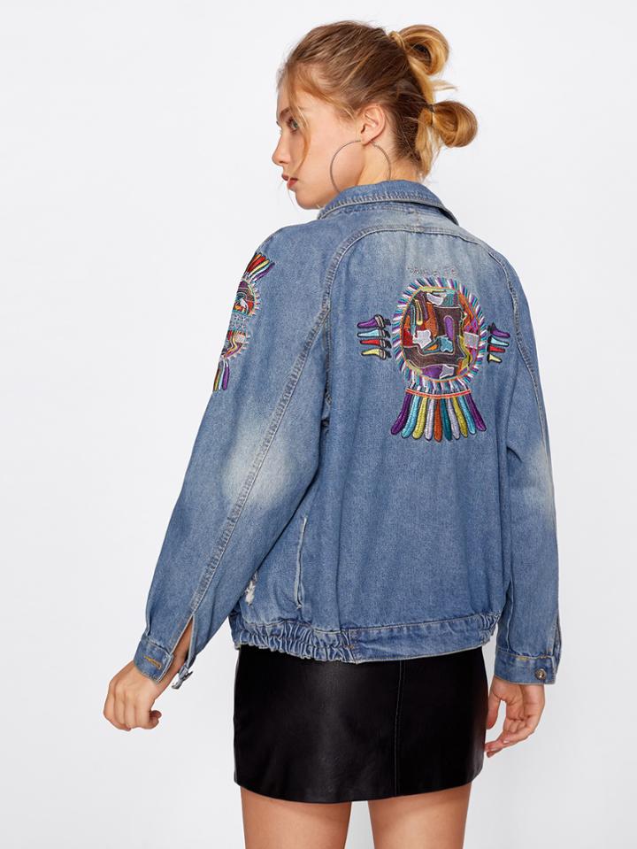 Shein Embroidered Ripped Bleach Wash Denim Jacket