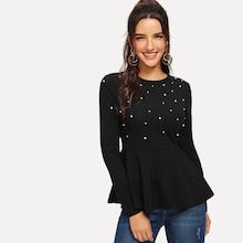Shein Pearls Beaded Solid Peplum Top