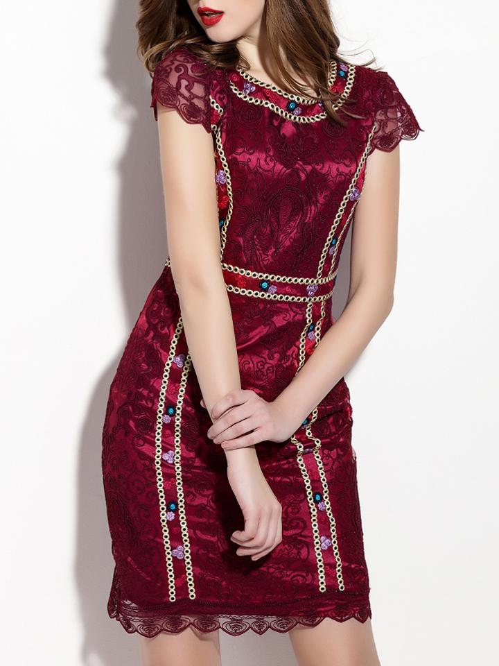 Shein Burgundy Embroidered Disc Flowers Sheath Dress