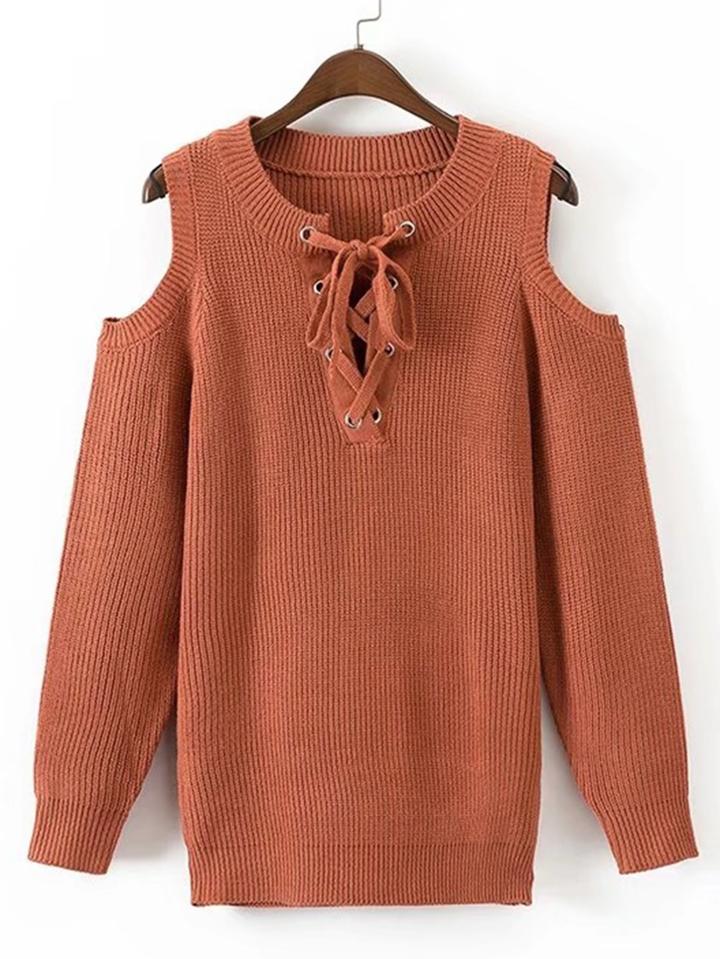 Shein Open Shoulder Eyelet Lace Up Sweater