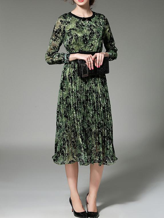 Shein Multicolor Crew Neck Print Pleated Long Dress
