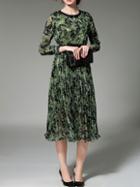 Shein Multicolor Crew Neck Print Pleated Long Dress