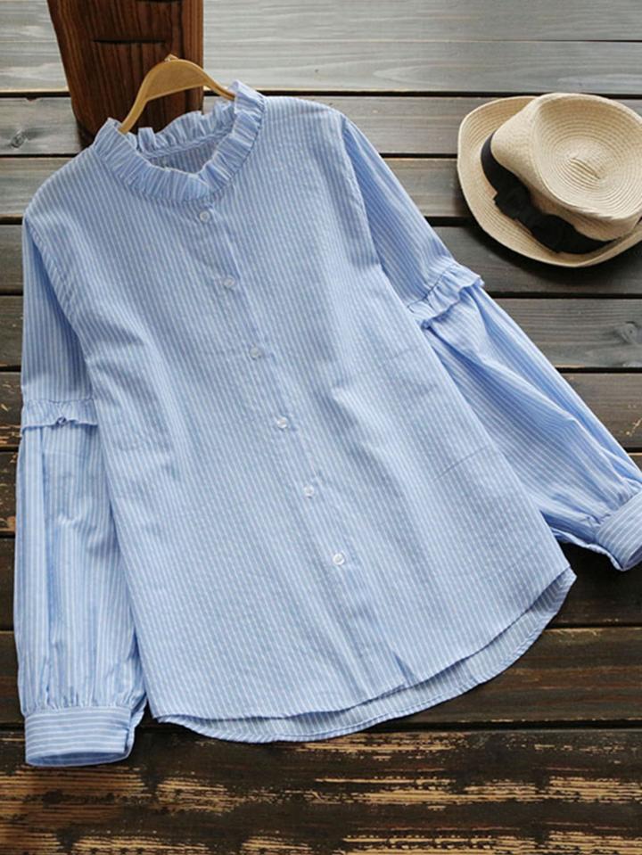 Shein Vertical Striped Frill Trim Shirt