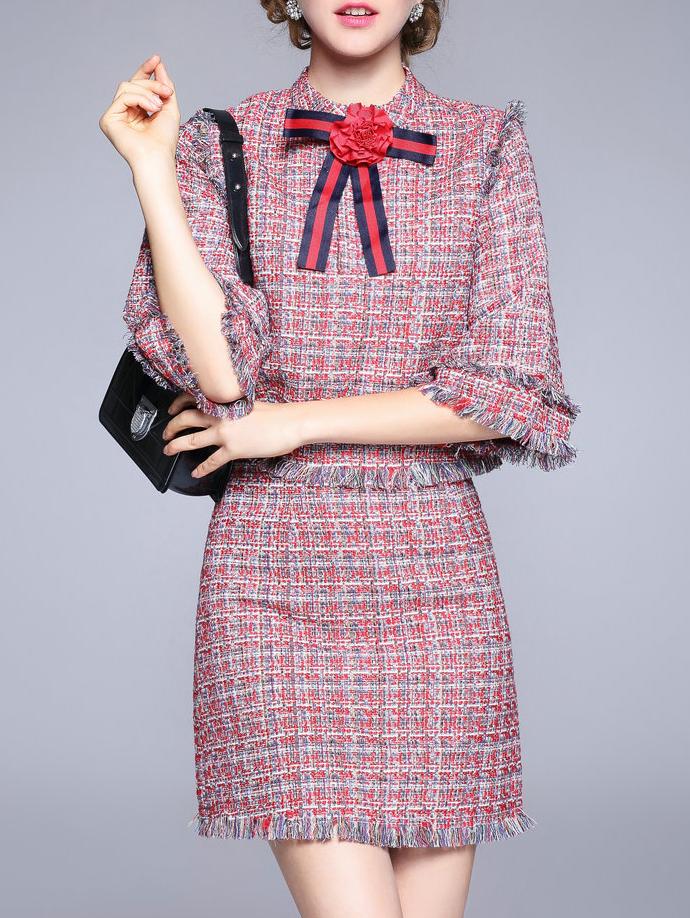 Shein Red Bowknot Top With Fringe Skirt