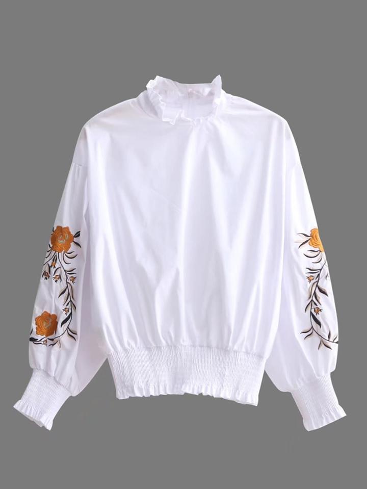 Shein Embroidery Flower Lantern Sleeve Shirred Blouse