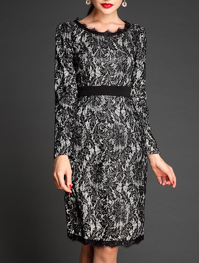 Shein Black Round Neck Long Sleeve Lace Dress