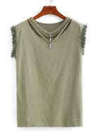 Shein Strappy Neck Raw Hem Sleeve T-shirt - Olive Green