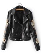 Shein Embroidered Sleeve Faux Leather Moto Jacket