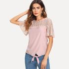 Shein Lace Contrast Faux Pearl Self Tie Top