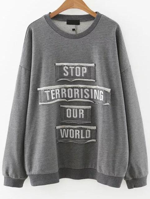 Shein Grey Letter Embroidery Patch Drop Shoulder Sweatshirt