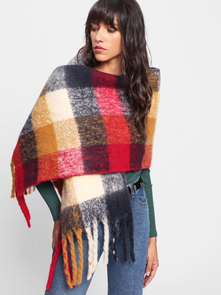 Shein Fringe Trim Color Block Scarf