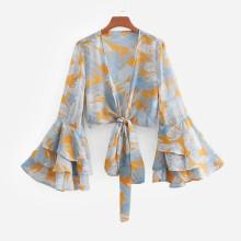 Shein Foliage Print Layer Sleeve Knot Top