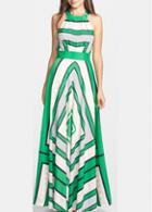 Rosewe Sleeveless Geometric Print Green Maxi Dress