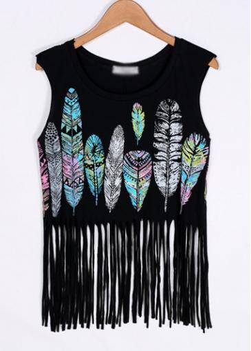 Rosewe Fringe Embellished Feather Print Black Tank Top