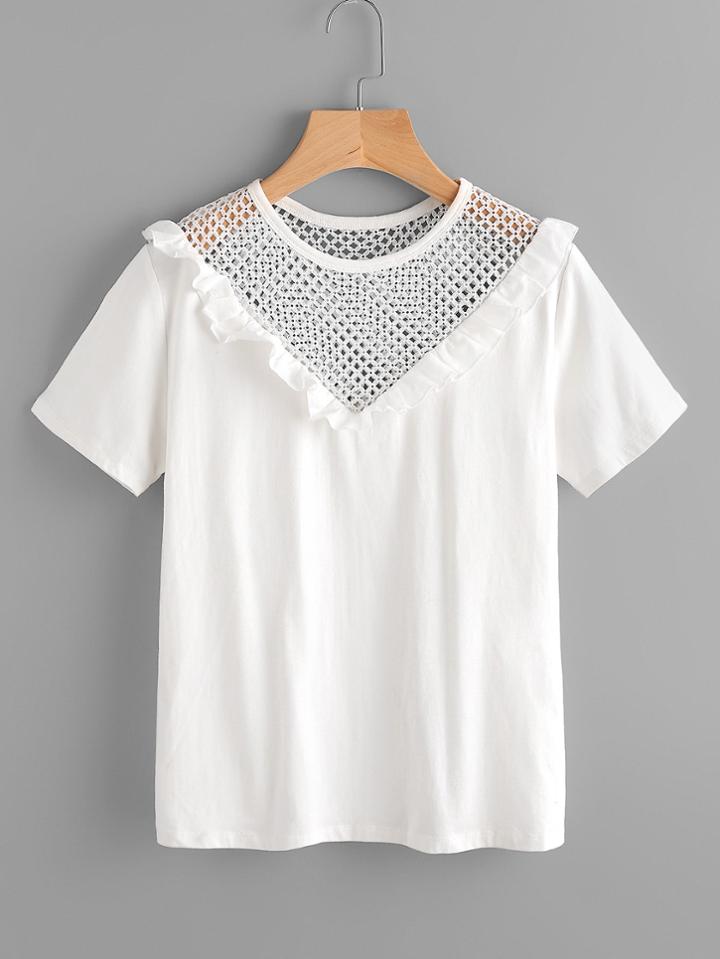 Shein Frill Trim Eyelet Yoke T-shirt