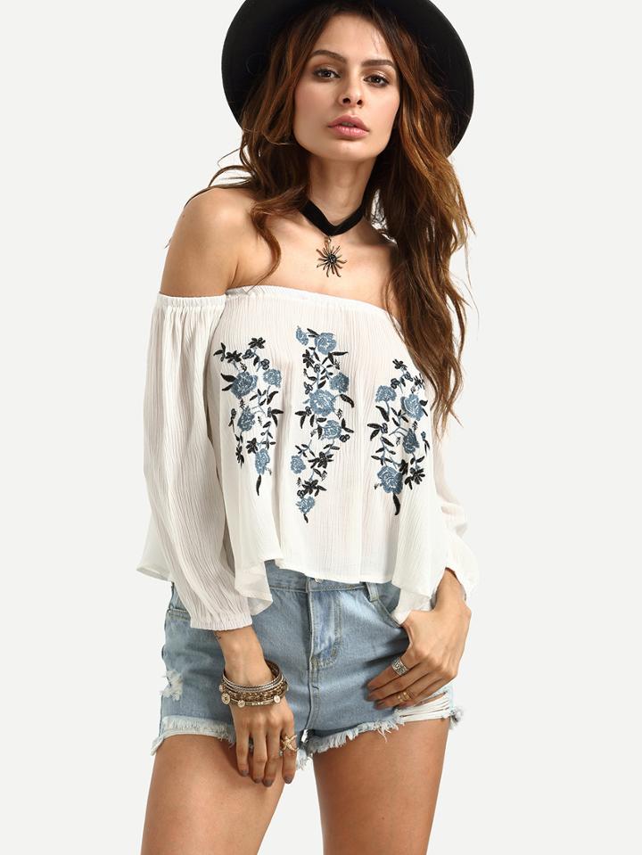 Shein Off The Shoulder Three Quarter Sleeve Embroidered Top
