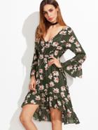 Shein Florals Deep V Neck Split Bell Sleeve Dip Hem Dress
