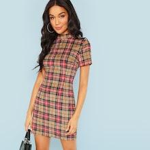 Shein Zip Back Mock Neck Plaid Dress