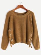 Shein Khaki Raglan Sleeve Eyelet Tie Side Crop Sweater